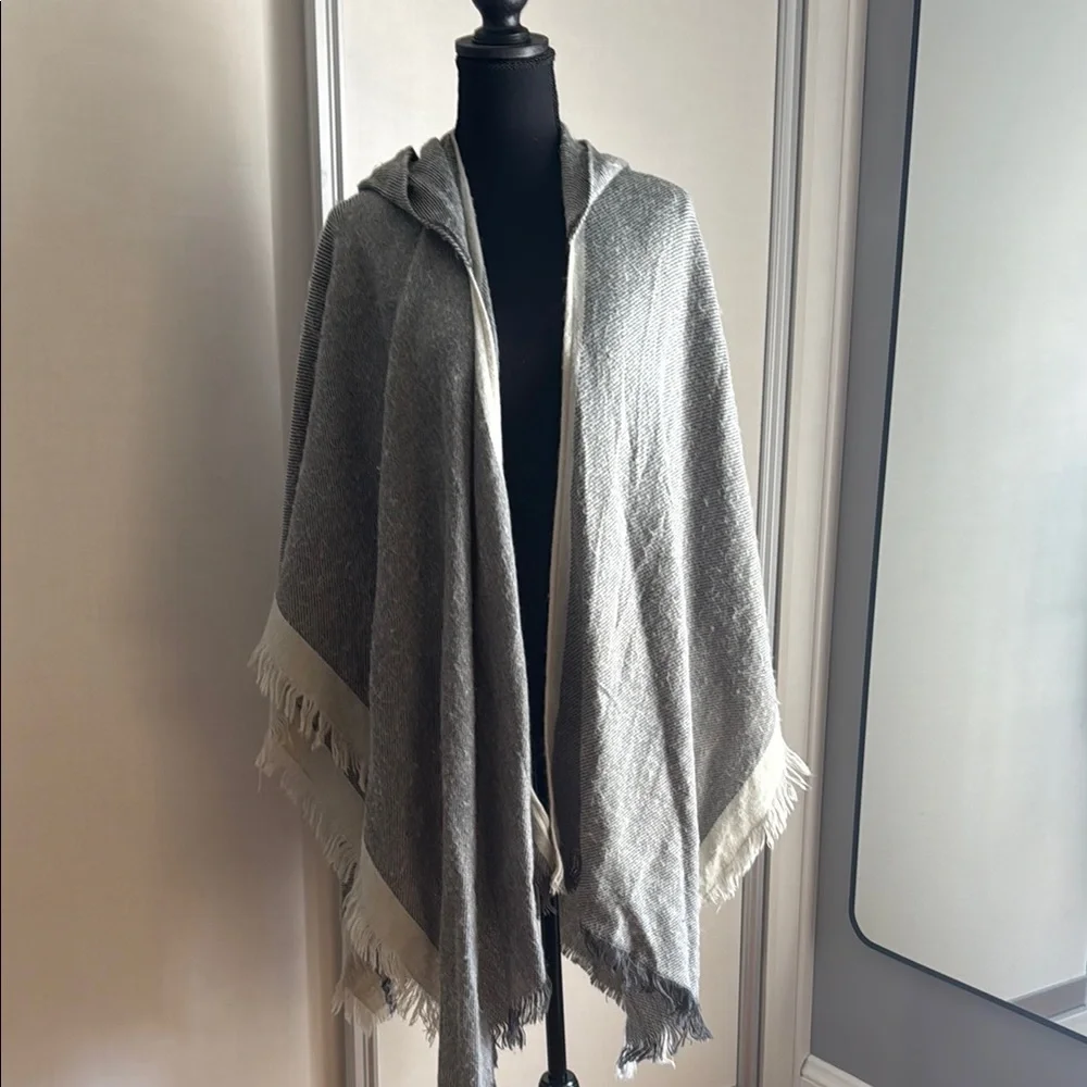 Elegant Gray Hooded Shawl with Fringe